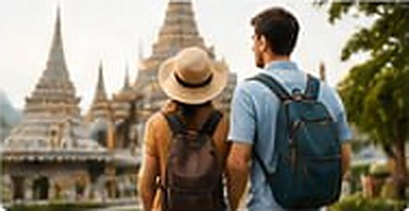 Travelers visiting a temple in Thailand